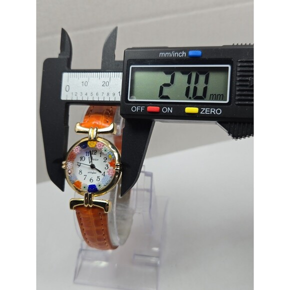 Venice Art Glass Murano Millefiori Gold Tone Orange Round Wristwatch New Battery main image 7